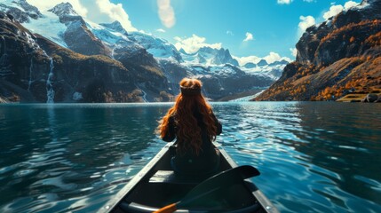  A woman in a boat amidst a snow-capped mountain range in a body of water