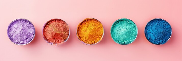 Obraz na płótnie Canvas A row of bowls with colorful powders on a pink background. Generative AI