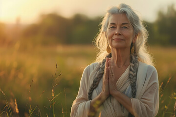 A serene 60-year-old woman practices yoga outdoors, surrounded by nature, showcasing health and wellness in mature adults - obrazy, fototapety, plakaty