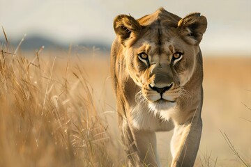 Lioness prowling through tall grass at sunrise. African savannah and wildlife concept. National...