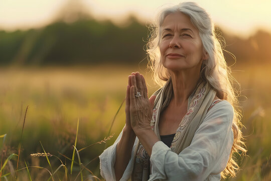 A serene 60-year-old woman practices yoga outdoors, surrounded by nature, showcasing health and wellness in mature adults
