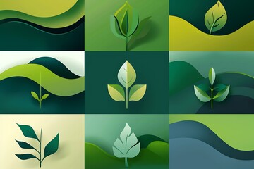Abstract logos for environmental companies on a green background.
