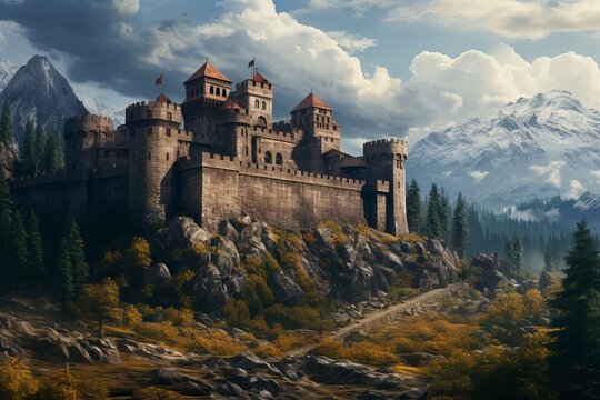 Grandiose Medieval castle building. Forest old palace. Generate AI