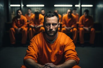 Men prisoner in orange suit lives in prison. Generative Ai - obrazy, fototapety, plakaty