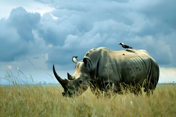 Rhinoceros with birds on back in grassland. African savannah and wildlife concept. National Reserve, Kenya. Ecosystem conservation. Design for banner, poster with copy space