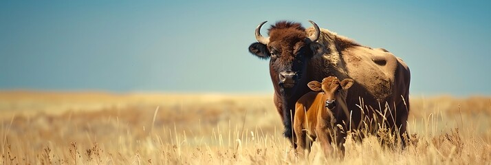 Buffalo with calf in savanna. African savannah and wildlife concept. National Reserve, Kenya. Ecosystem conservation. Design for banner, poster with copy space - obrazy, fototapety, plakaty