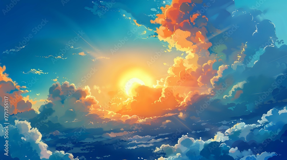 Wall mural blue sky clouds background, beautiful landscape with clouds and orange sun on sky - Wall murals