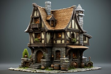 Naklejka premium Sturdy Medieval house isometric illustration. Village town. Generate Ai