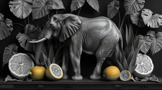  A black-and-white photograph captures an elephant amidst fruits, leaves, lemons, and grapefruits