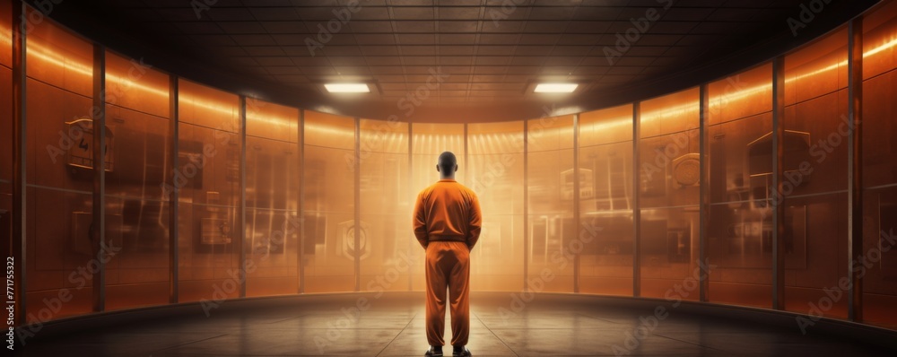 Wall mural men prisoner in orange suit lives in prison, banner. generative ai