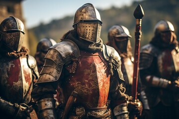 Gritty Medieval knights field. History people. Generate Ai - obrazy, fototapety, plakaty