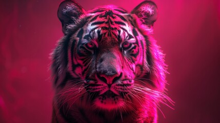  Close-up of a tiger's face on a red background, black and white tiger's head