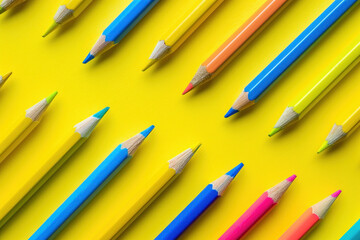 Fototapeta premium Vibrant assortment of colorful pencils arranged on a bright yellow background for creative concept design