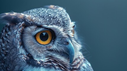  A close-up photo of an owl with an orange eye in its left eye - obrazy, fototapety, plakaty
