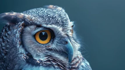 Cercles muraux Dessins animés de hibou  A close-up photo of an owl with an orange eye in its left eye