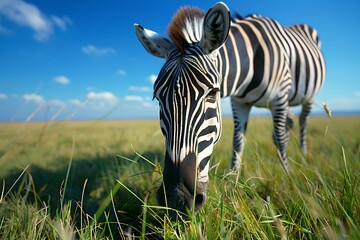 Fototapeta na wymiar Zebra grazing in grassland. African savannah and wildlife concept. National Reserve, Kenya. Ecosystem conservation. Design for banner, poster with copy space