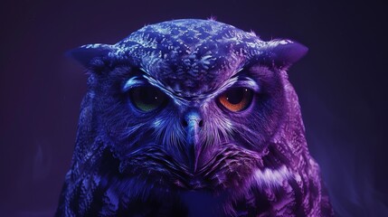  A zoomed-in image of an owl's head with a purple-blue backdrop, featuring a bright red illumination within its gaze - obrazy, fototapety, plakaty