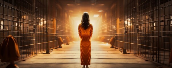 Women prisoner in orange suit lives in prison, banner. Generative Ai - obrazy, fototapety, plakaty