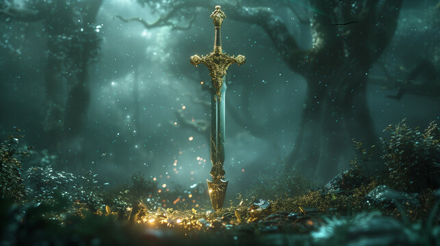 fantasy medieval sword in the forest