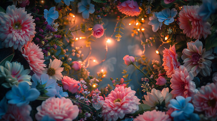 Fototapeta na wymiar beautiful wedding flower decoration with lights on background
