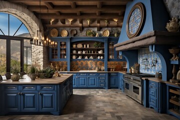 Picturesque Greece blue kitchen. Food home summer. Generate Ai