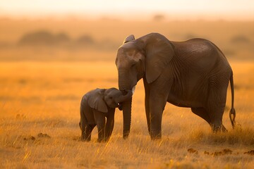 Adult elephant with calf in savanna at sunset. African savannah and wildlife concept. National...