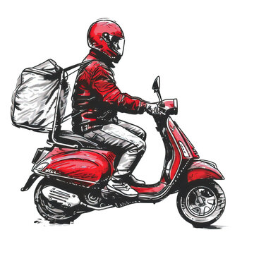 Drawing of a delivery man driving a scooter on transparent or white background