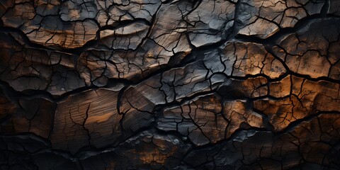 abstract background,texture of burnt wood with dark brown bark,with black scorch marks,covered with...