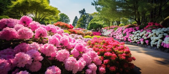 A natural landscape filled with a variety of magenta and crimson flowers, blooming on trees,...