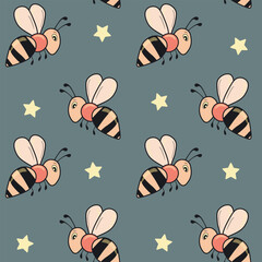 Seamless pattern with bees on color background. Small wasp. Vector illustration. Adorable cartoon character. Template design for invitation, cards, textile, fabric. Doodle style