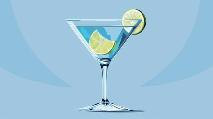  A cocktail with blue hues, lemon slice on the rim & lime wedge centered in the glass - obrazy, fototapety, plakaty