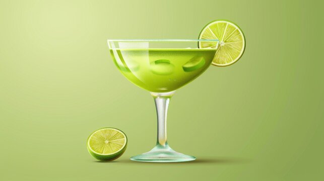  A glass of green liquid with a lime wedge on the rim and a slice of lime on the rim