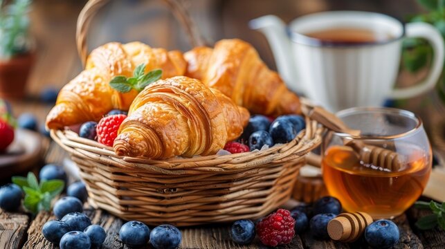  A basket of croissants, berries, tea, and strawberries