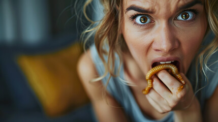 Close-up of a disappointed expression on the face of a woman eating a worm. Woman looking at camera disappointed eating an edible worm in unusual scene. - obrazy, fototapety, plakaty
