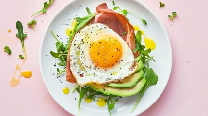  A white plate with an egg, bacon, and avocado on top of green bedding