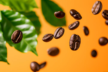 Coffee beans in mid-air with green leaves on an orange background. Floating coffee beans with greenery, warm orange surface. Coffee beans and leaves levitating on a vibrant orange background