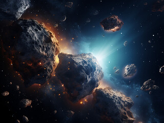 Enigmatic cosmic asteroids in the universe. AI Generation.