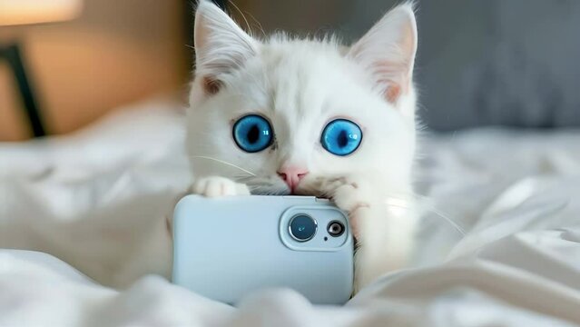 Kitten taking photo with smartphone