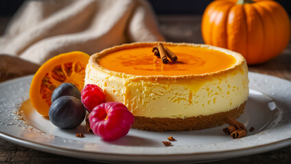 delicious cheesecake with pumpkin on the table - obrazy, fototapety, plakaty