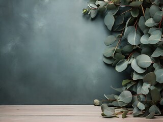 Eucalyptus branches on wooden table and chalkboard background with empty copy space for text - 771757969