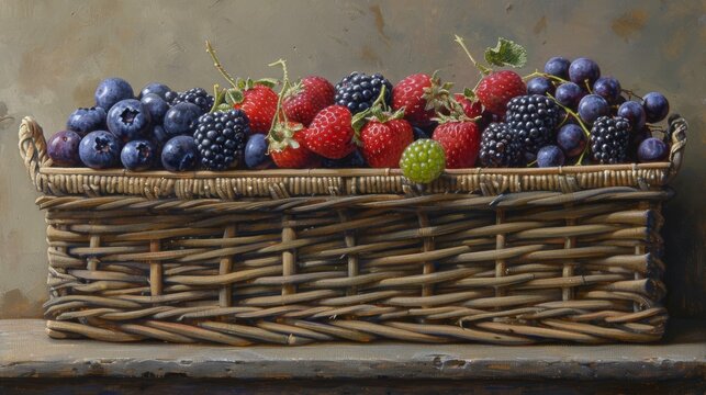  A wicker-basket filled with berries sits atop a wooden table beside a wall, painted