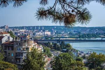 View from Kalemegdan Park in Belgrade with Sava river bank and Old Sava Bridge, Serbia © Fotokon
