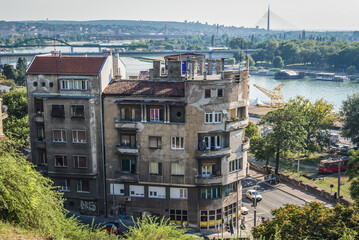 View from Kalemegdan Park in Belgrade with Sava river bank and Old Sava Bridge, Serbia