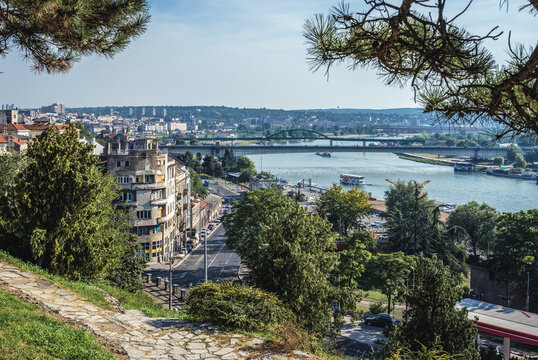 View from Kalemegdan Park in Belgrade with Sava river bank and Old Sava Bridge, Serbia