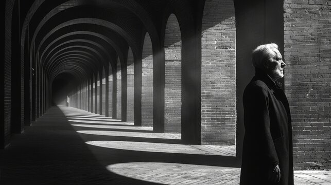  Man stands before brick archway, shadowed in black and white
