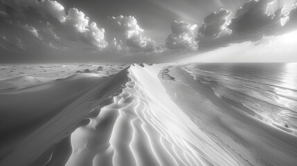  A monochrome image depicts a sandy seashore with dunes, while a radiant sun filters through cloud formations in the backdrop