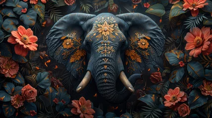 Foto op Canvas Elegant Elephant: Intricate, dark design amidst lush florals.generative ai © Krisana