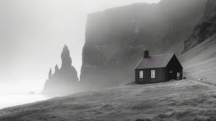  A monochromatic image depicts a home atop a hill amidst misty skies and rocky cliffs in the distance