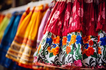 Intricate Mexican colorful skirt closeup. Latin culture. Generate Ai