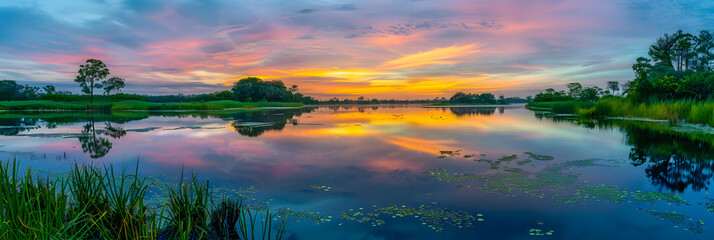 Awakening of Nature: Breathtaking Sunrise Over a Serene Lake Surrounded by Lush Greenery